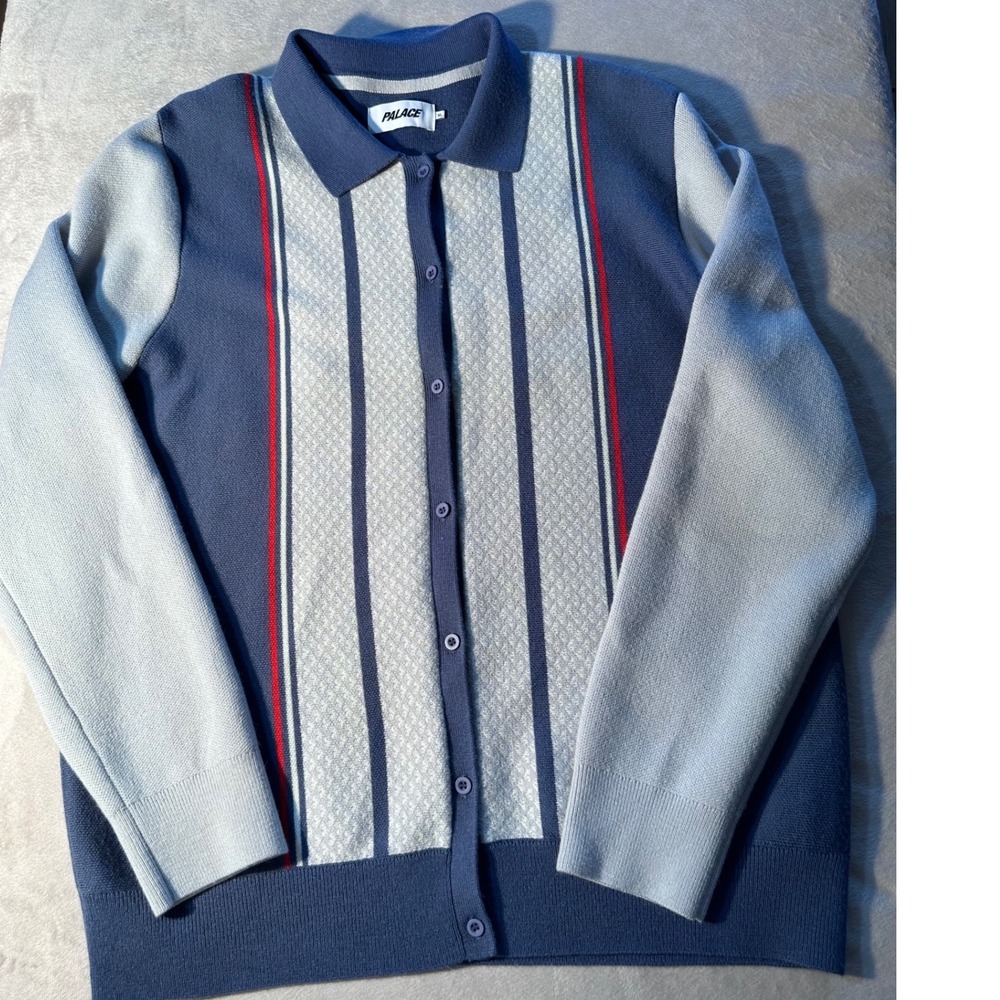 Palace London Knitted Polo Blue Grey Striped Wool Blend Cardigan Vintage Mens XL